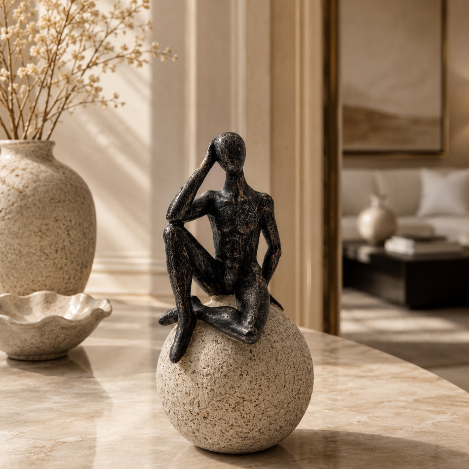 Thinker Figurine on Stone Ball 22cm Pose B – Sculptural Figure Ornament
