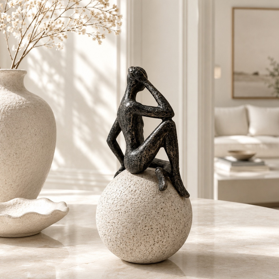 Thinker Figurine on Stone Ball 22cm Pose B – Sculptural Figure Ornament
