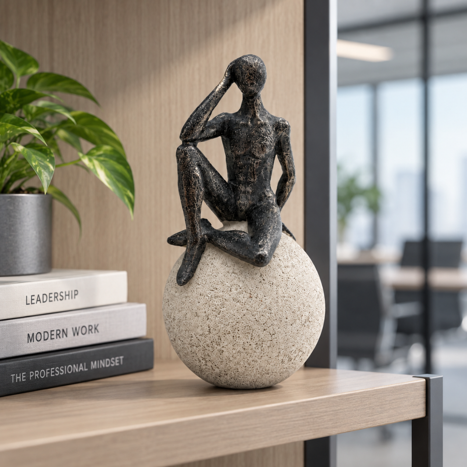 Thinker Figurine on Stone Ball 22cm Pose B Office Desk Ornament
