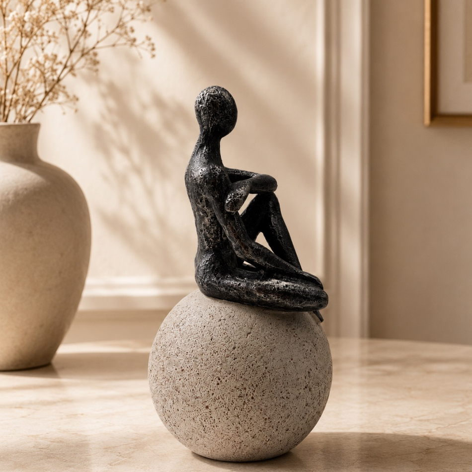 Thinker Figurine on Stone Ball 22cm Pose C – Sculptural Figure Ornament