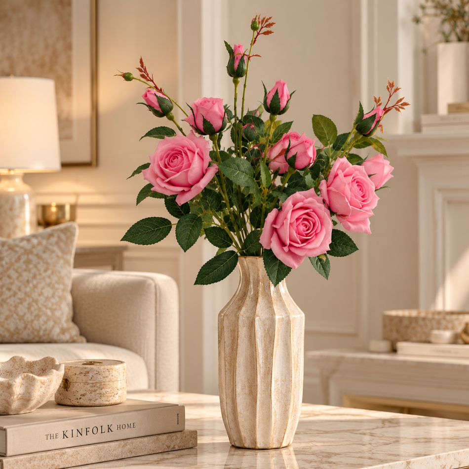 Artificial Three Head Rose Stem 72cm Rose Pink