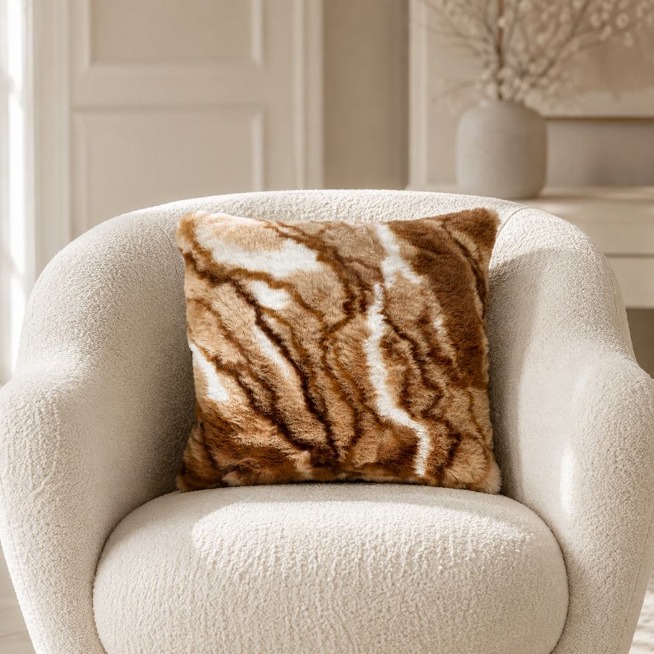 Tiger Stripe Faux Fur Cushion Cover 45 x 45cm Tan and Cream