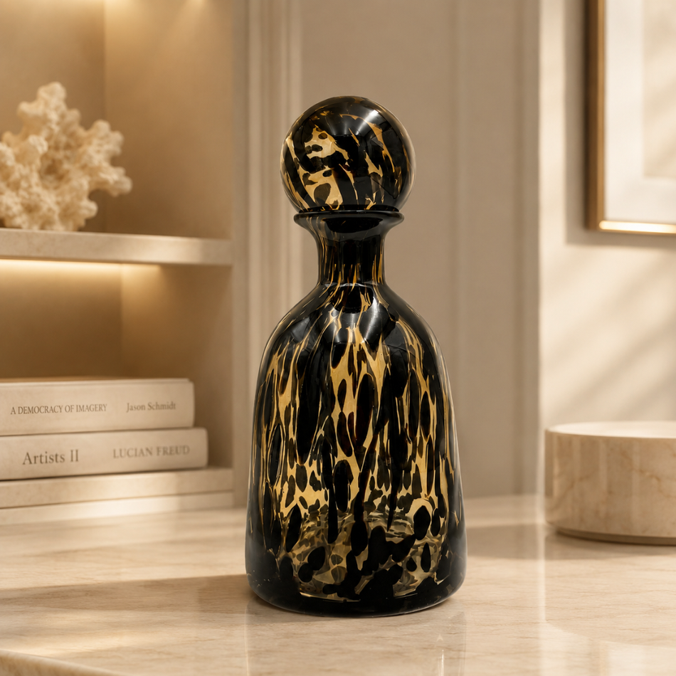 Tortoiseshell Glass Bottle Vase with Ball Stopper 32cm – Amber & Black Decorative Bottle