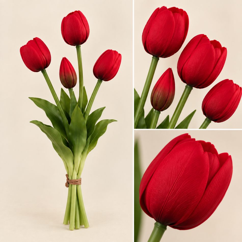 Artificial Tulip Bunch 40cm Red - 3 Blooms & 2 Buds Faux Tulips