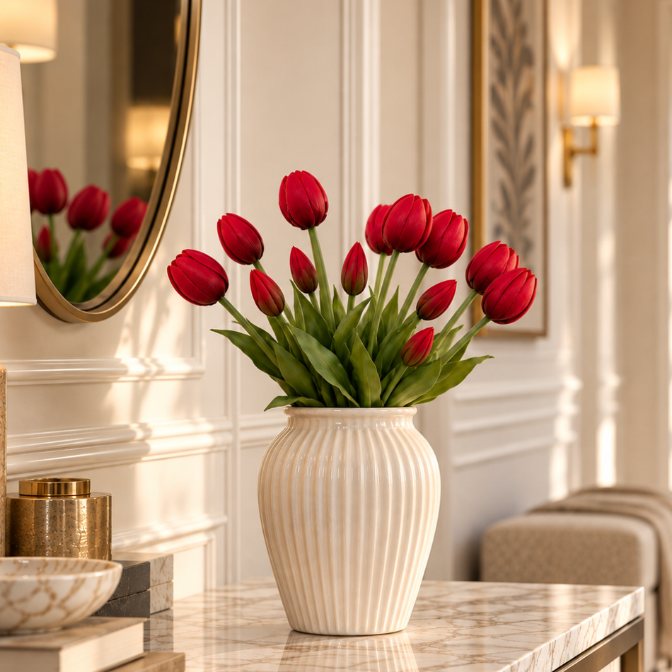 Artificial Tulip Bunch 40cm Red - 3 Blooms & 2 Buds Faux Tulips