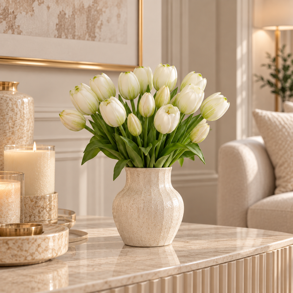 Artificial Tulip Bunch 40cm White - 3 Blooms & 2 Buds Faux Tulips