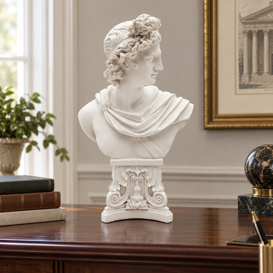White Apollo Bust 32cm Greek God Statue Office Desk Decor