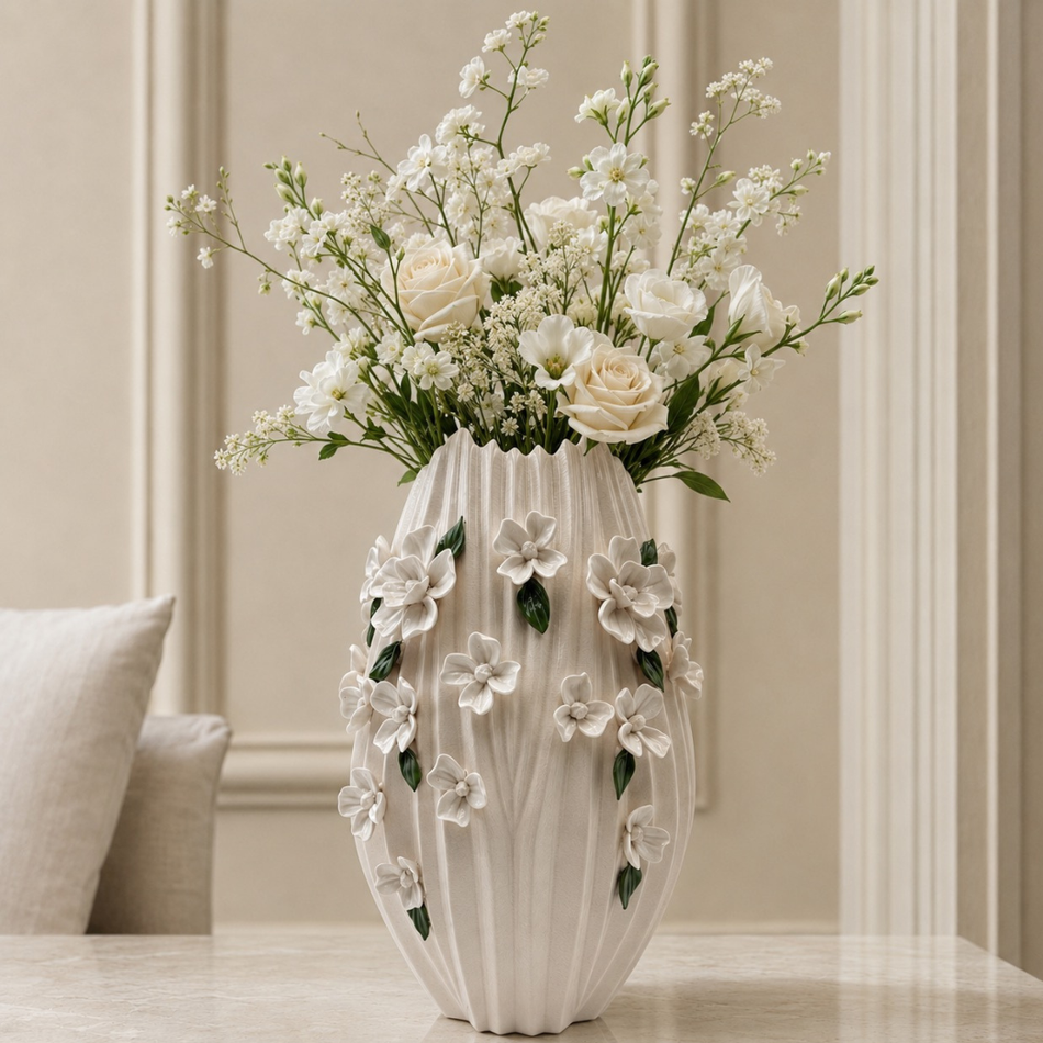 White Blossom Vase 38cm – Ribbed Ceramic Flower Vase