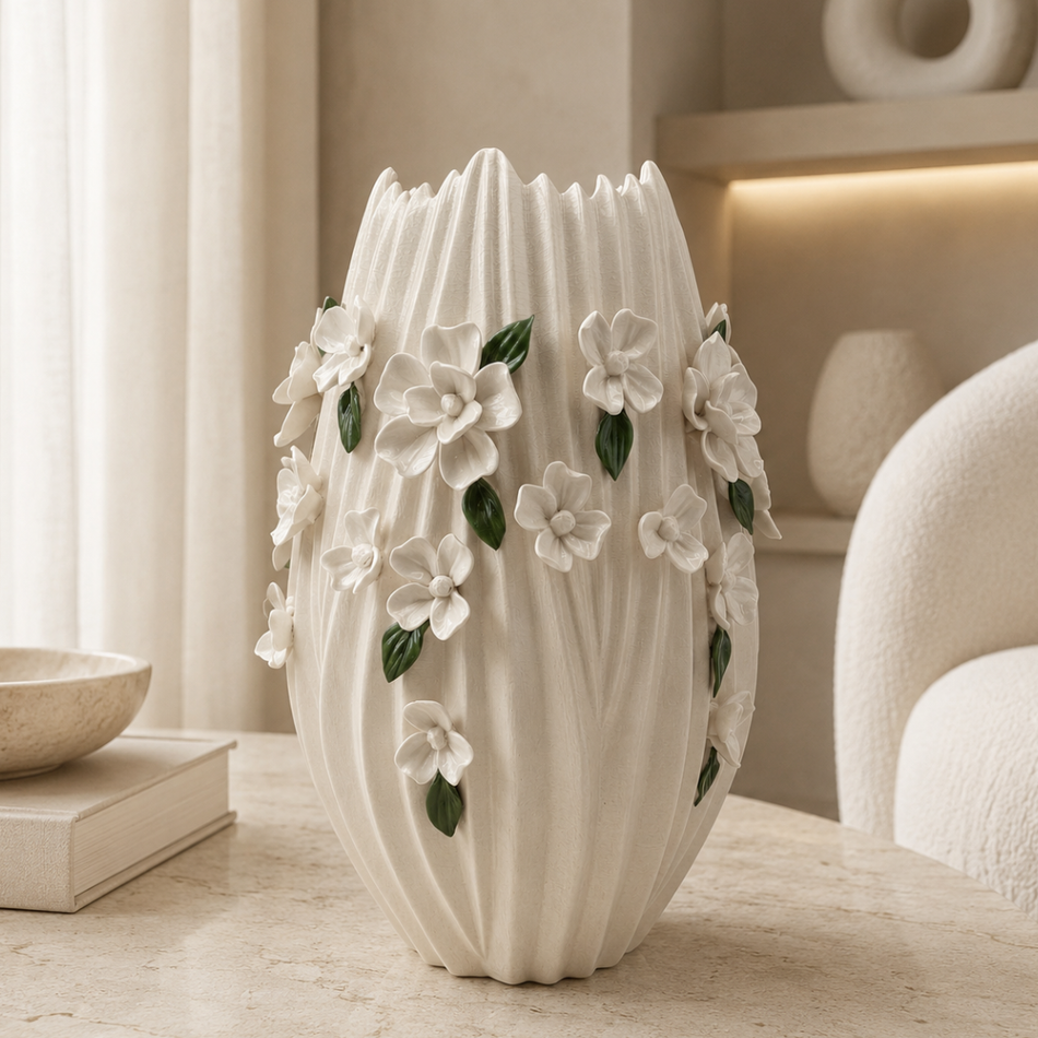 White Blossom Vase 38cm – Ribbed Ceramic Flower Vase