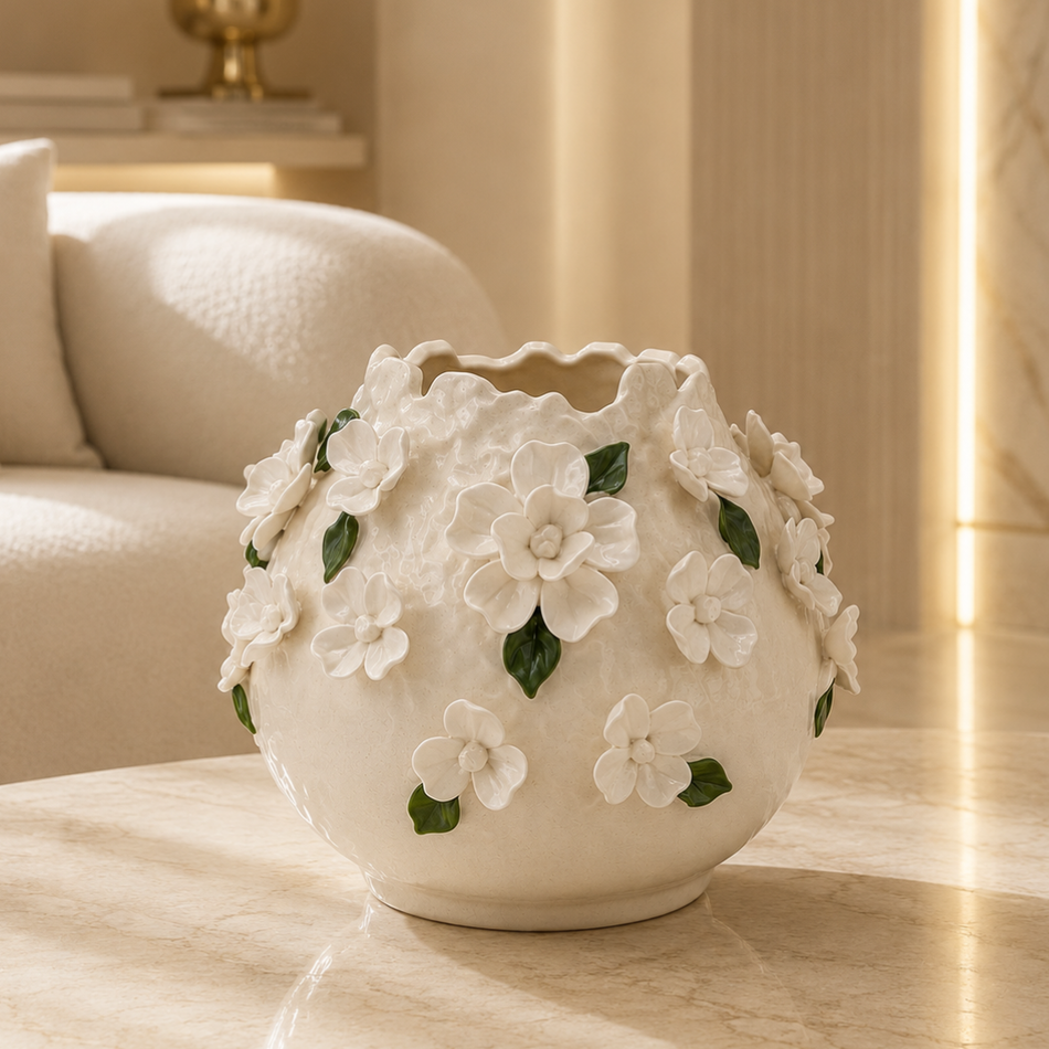 White Blossom Vase 20.5cm – Crackle-Glazed Ceramic Flower Vase