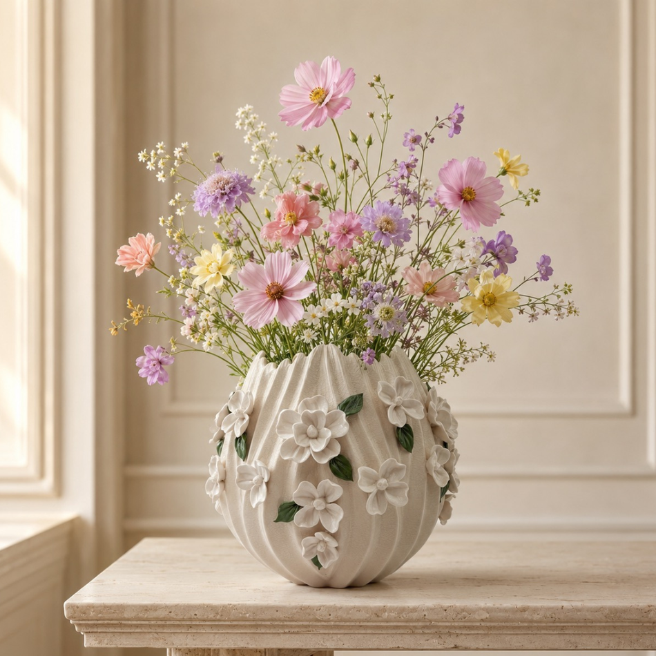 White Blossom Vase 22cm – Ribbed Ceramic Flower Vase