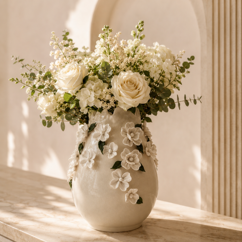White Blossom Vase 29cm – Crackle-Glazed Ceramic Flower Vase