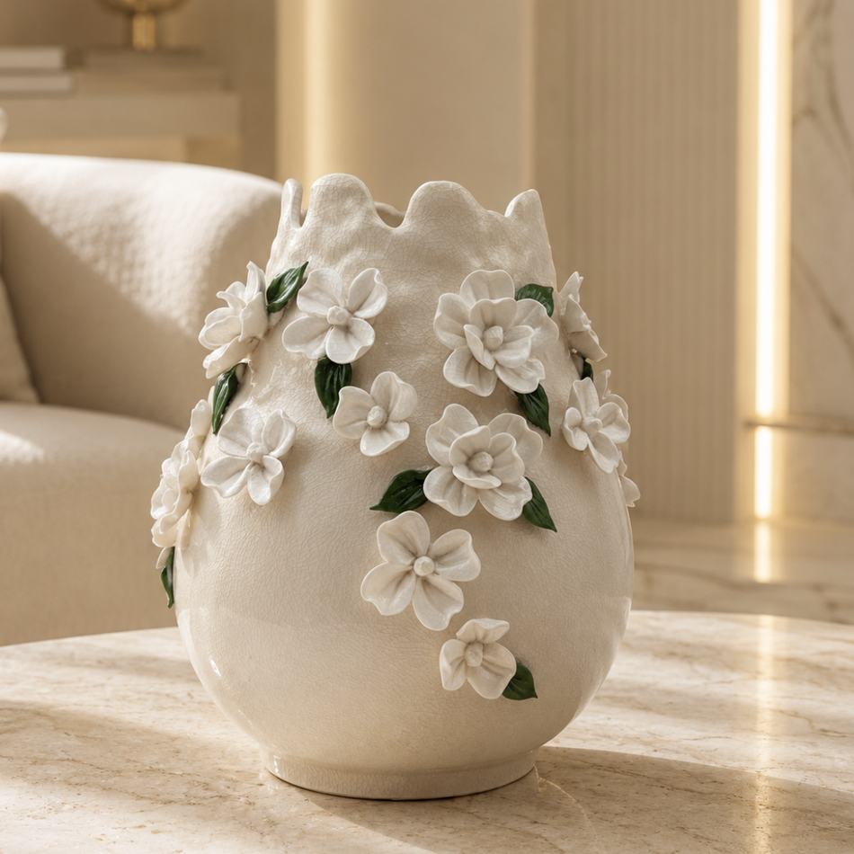 White Blossom Vase 29cm – Crackle-Glazed Ceramic Flower Vase
