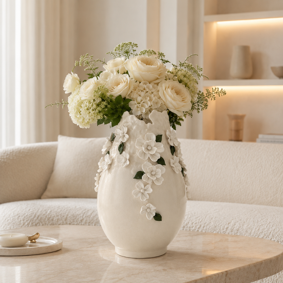 White Blossom Vase 37cm – Crackle-Glazed Ceramic Flower Vase