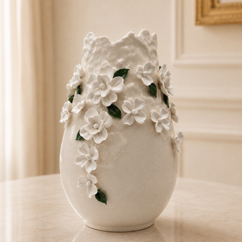 White Blossom Vase 37cm – Crackle-Glazed Ceramic Flower Vase