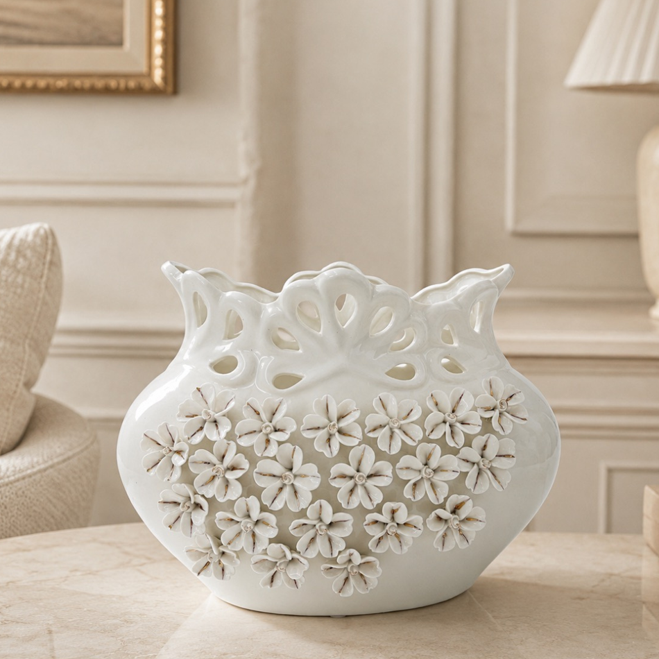 White Ceramic Floral Vase 30cm – Decorative Flower Vase with Handcrafted Blossoms