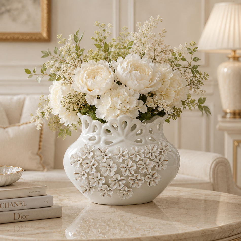 White Ceramic Floral Vase 30cm – Decorative Flower Vase with Handcrafted Blossoms
