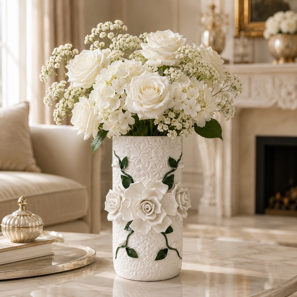 White Ceramic Blossom Vase 24cm – Decorative Floral Flower Vase
