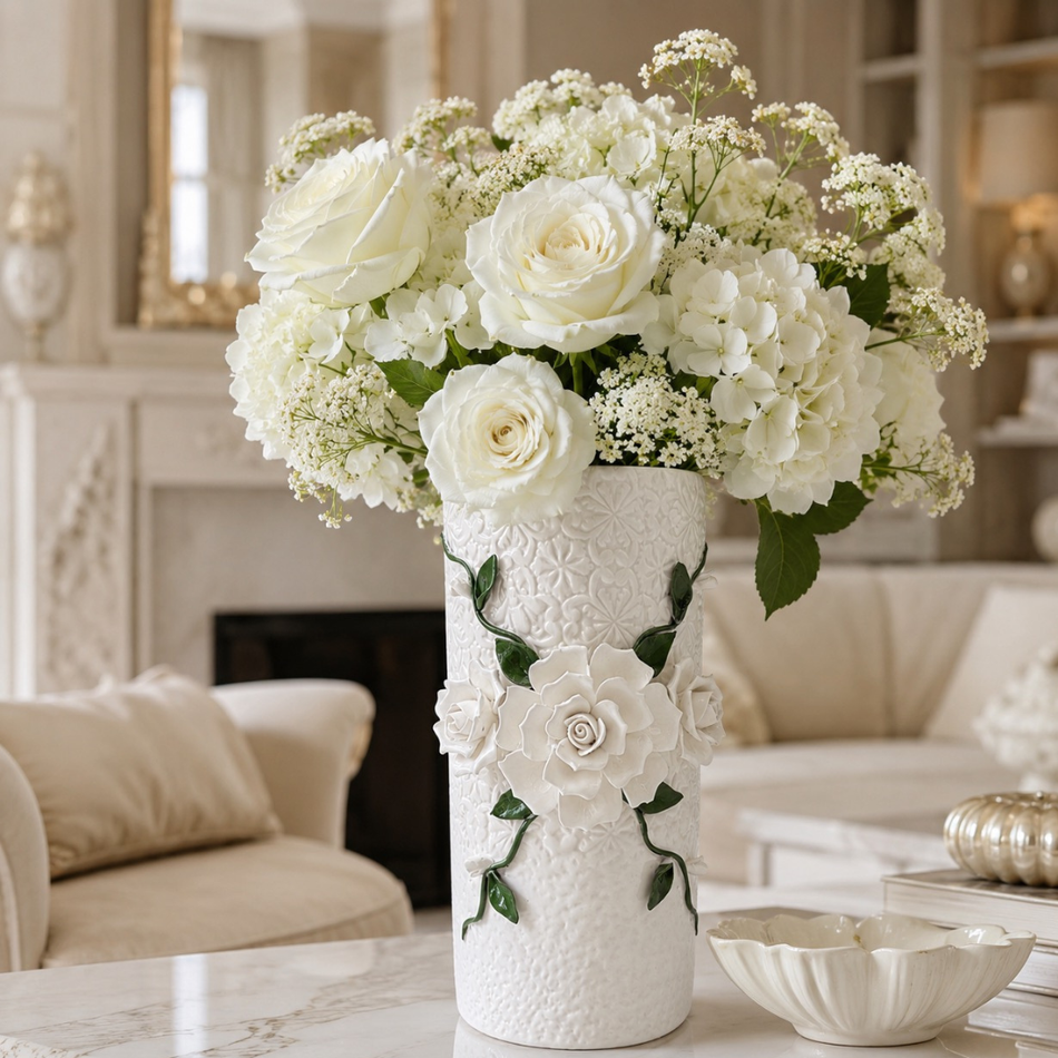 White Ceramic Rose Vase 31cm – Decorative Floral Flower Vase