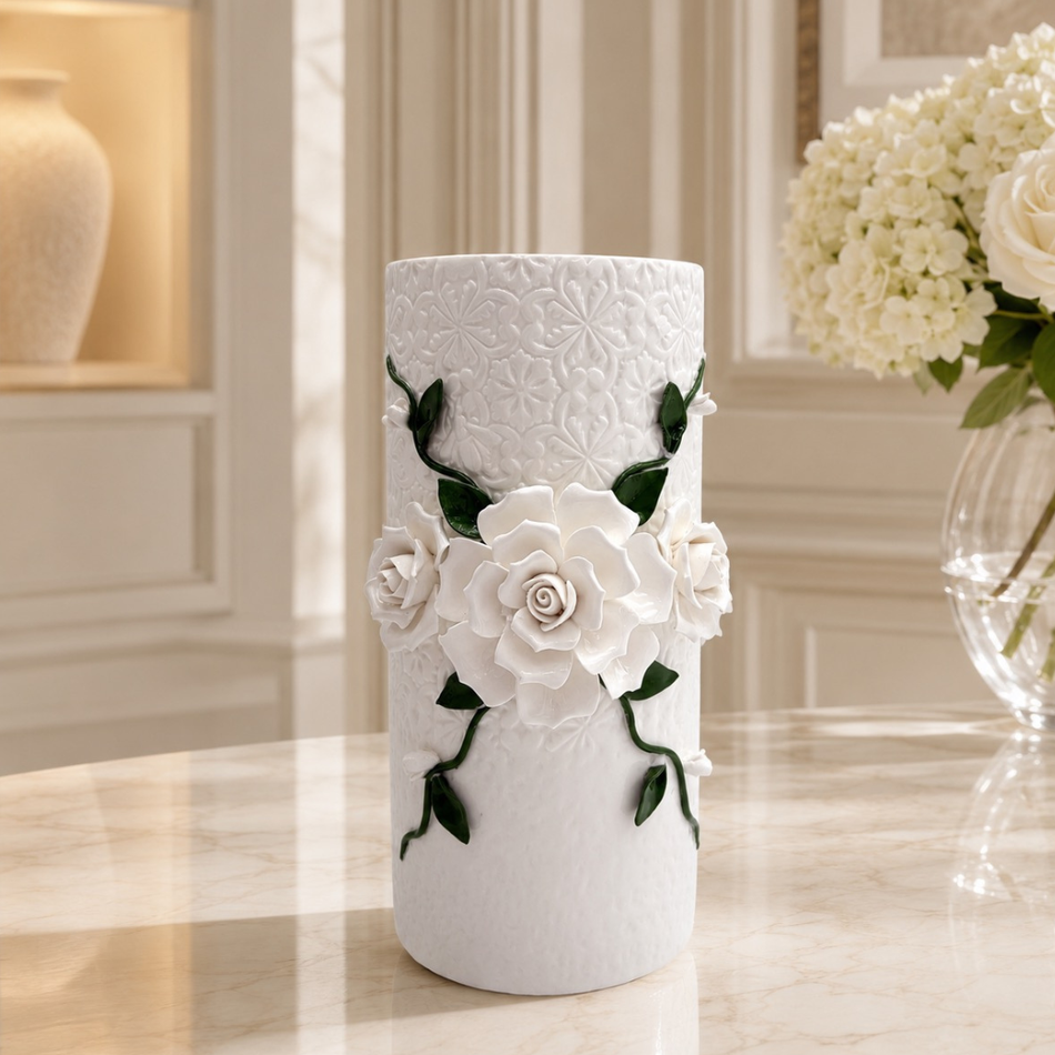 White Ceramic Rose Vase 31cm – Decorative Floral Flower Vase