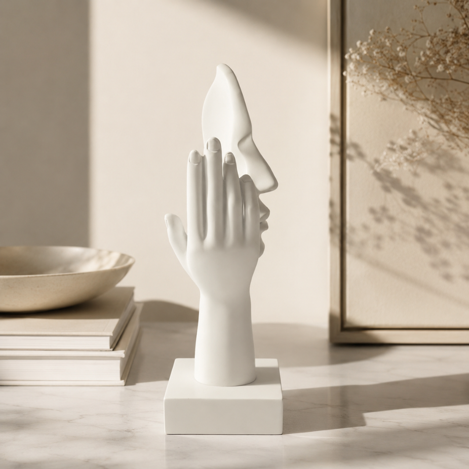 White Face in Hand Sculpture 26cm – Abstract Statue