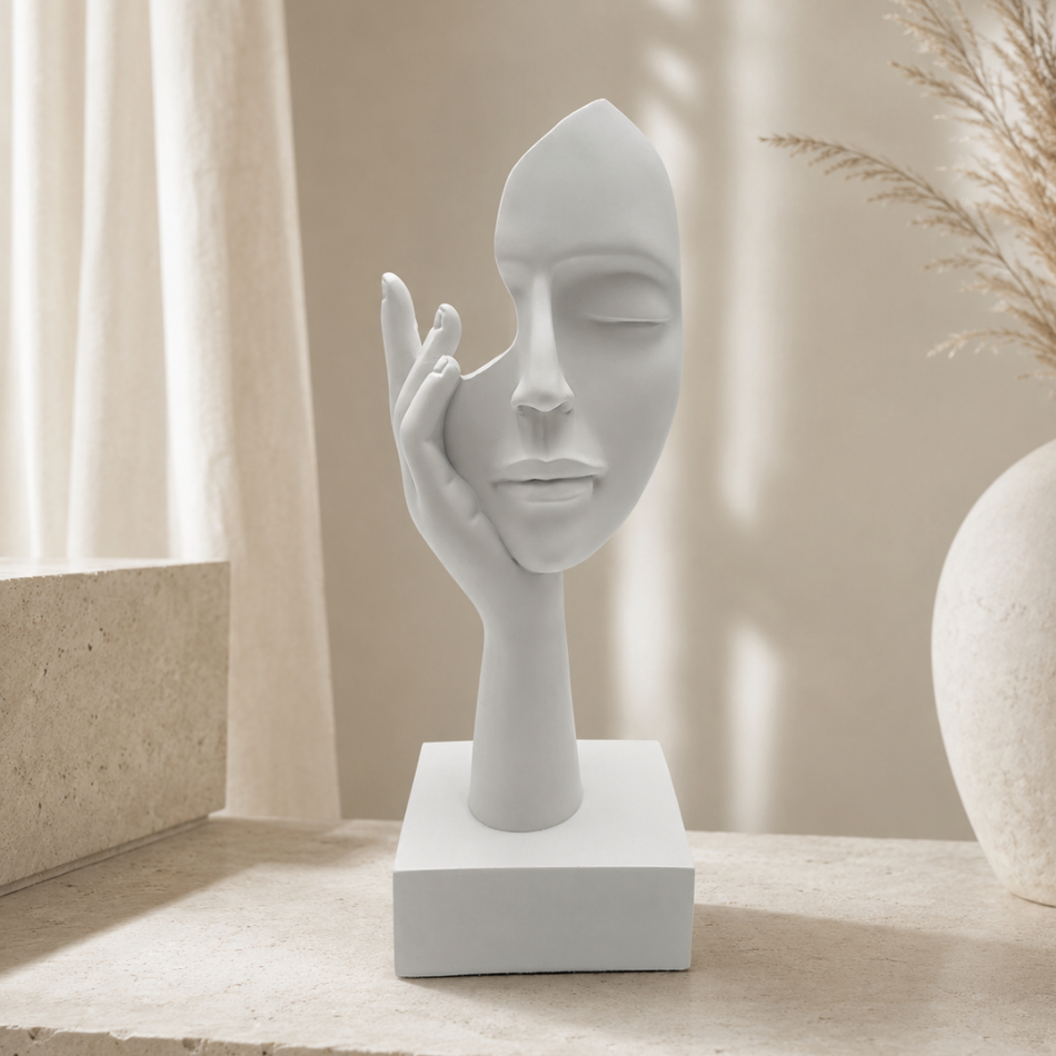 White Face in Hand Sculpture 26cm – Abstract Statue