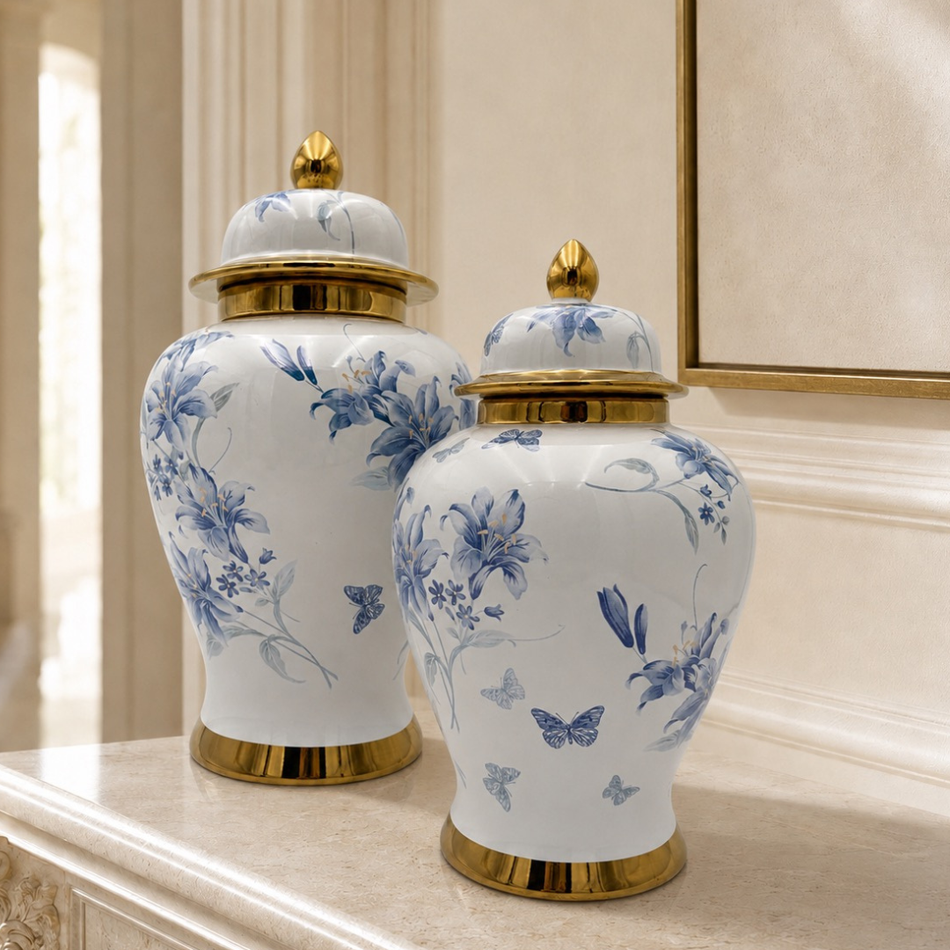 White & Gold Blue Floral Decorative Ginger Jar with Lid 32cm – Ceramic Temple Jar