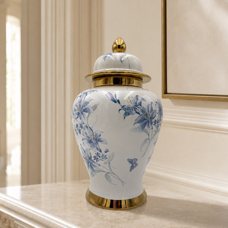 White & Gold Blue Floral Decorative Ginger Jar with Lid 32cm – Ceramic Temple Jar
