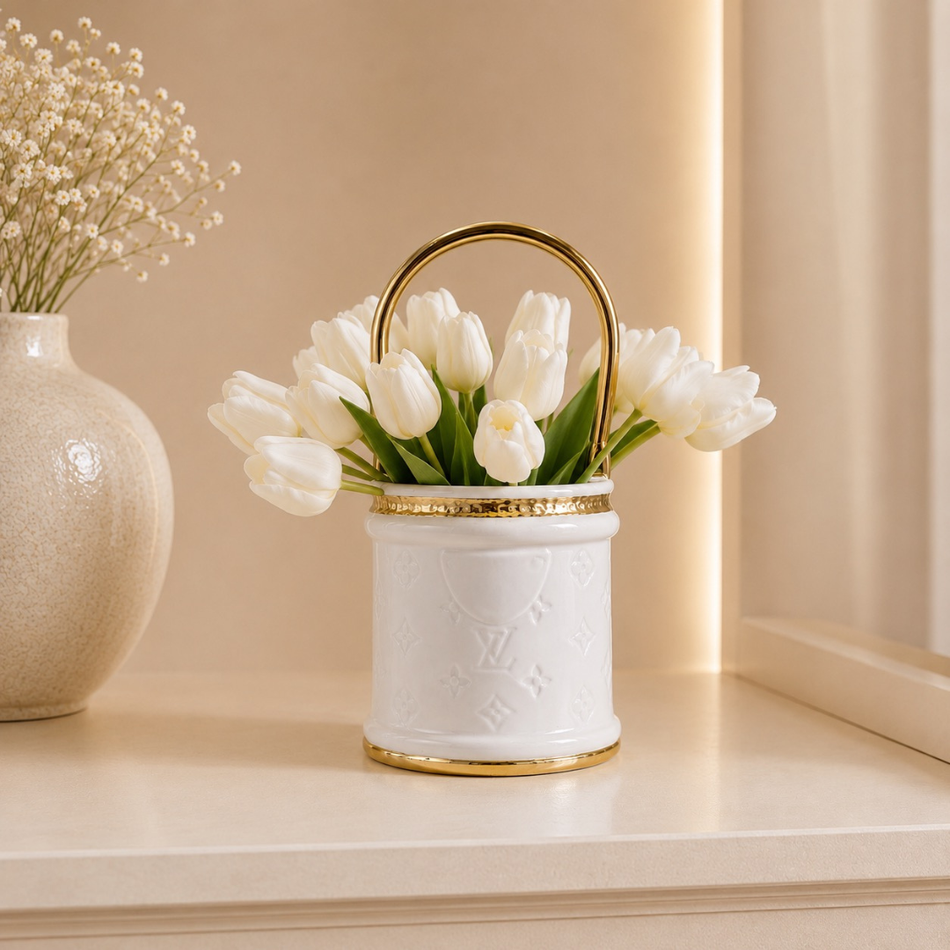 White & Gold Bucket Bag Vase 26cm – Ceramic Handbag Vase with Handle