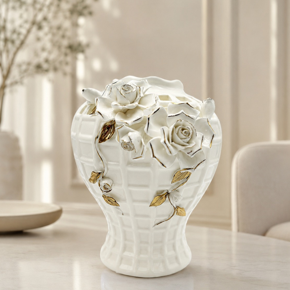 White & Gold Ceramic Rose Vase 23cm – Decorative Floral Flower Vase