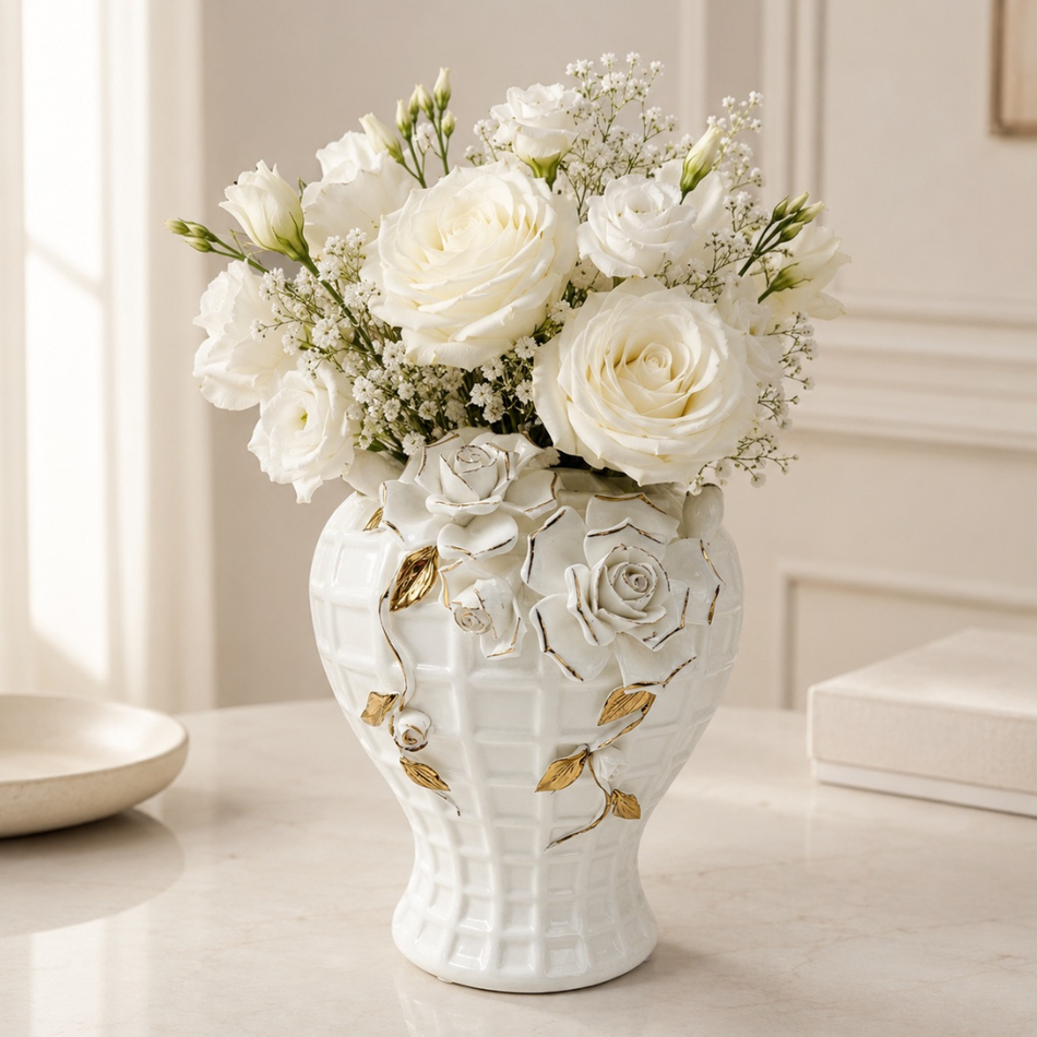 White & Gold Ceramic Rose Vase 23cm – Decorative Floral Flower Vase