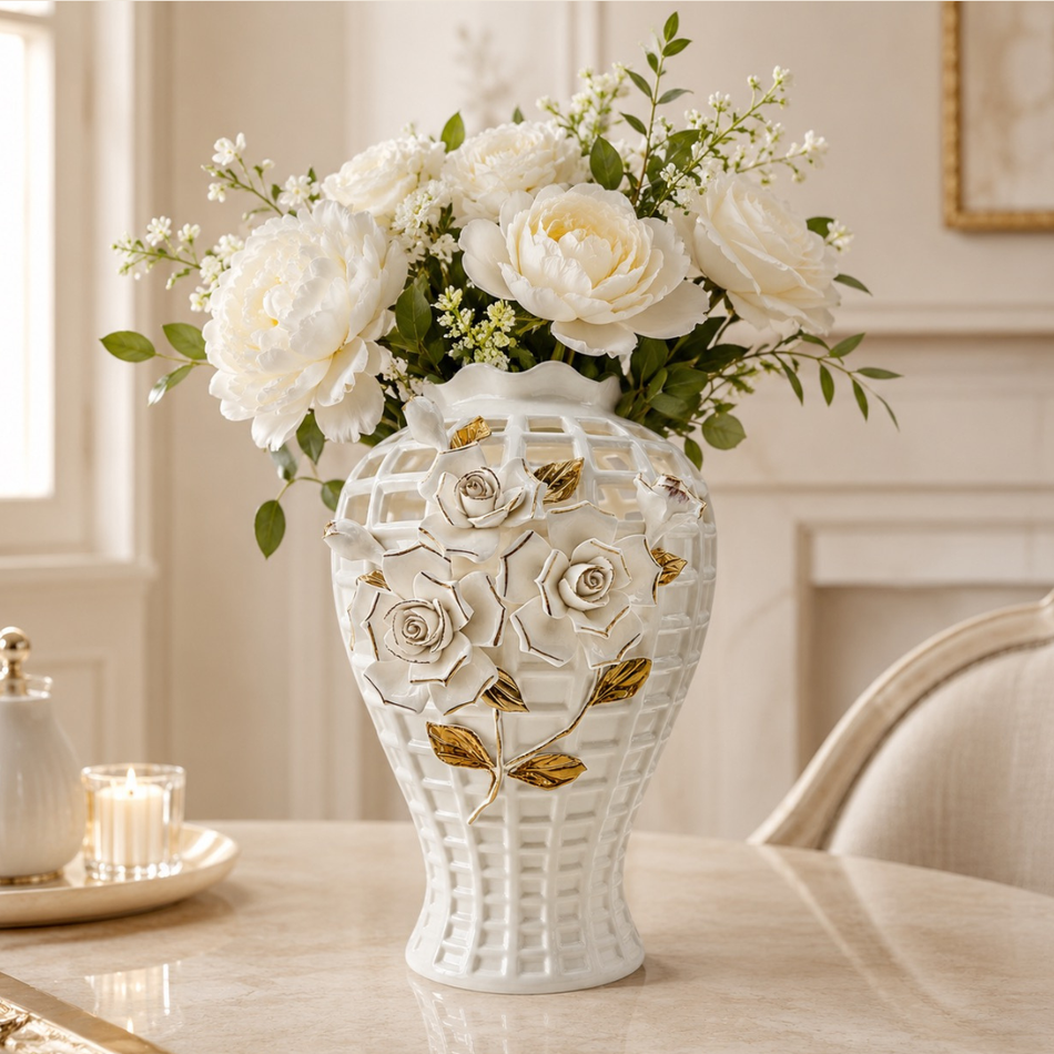 White & Gold Decorative Rose Vase 30cm – Luxury Ceramic Flower Vase