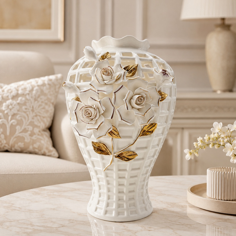 White & Gold Decorative Rose Vase 30cm – Luxury Ceramic Flower Vase