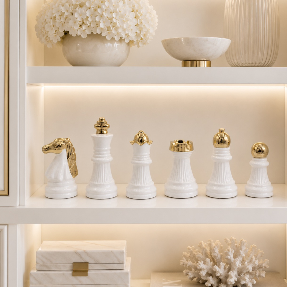 White & Gold Chess Piece Ornament Set 18cm – Set of 6 Ceramic Figurines
