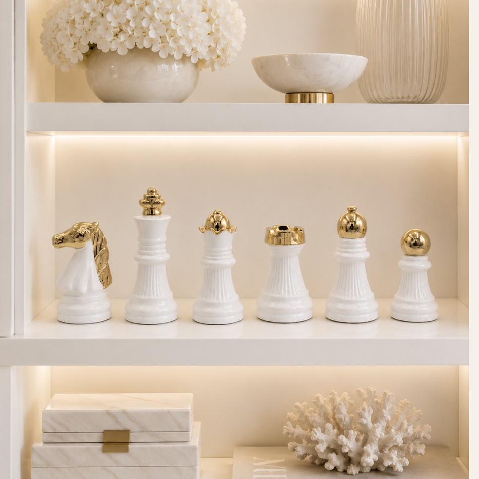 White & Gold Chess Piece Ornament Set 18cm – Set of 6 Ceramic Figurines