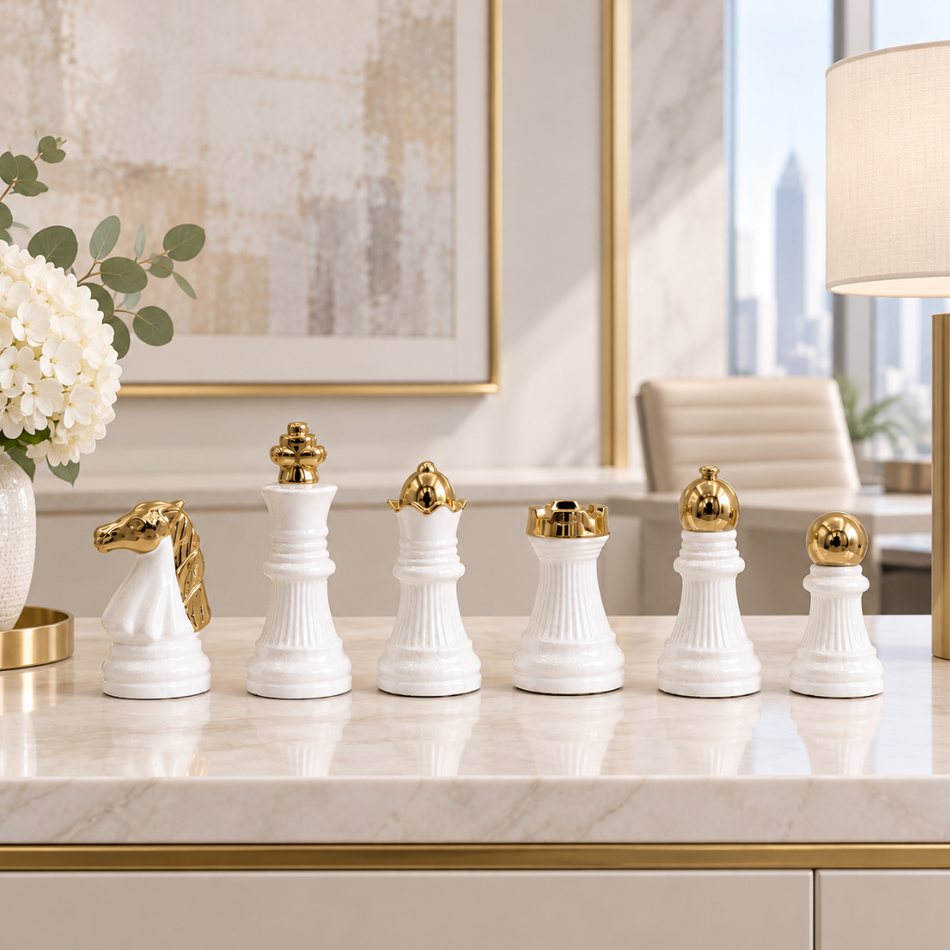 White and Gold Chess Piece Ornament Set 18cm Office Shelf Decor