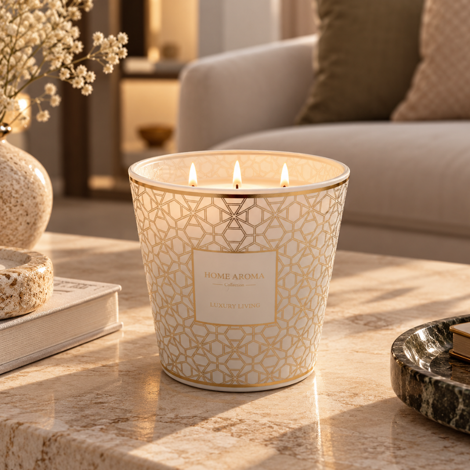 White and Gold Geometric Scented Candle 13.5cm