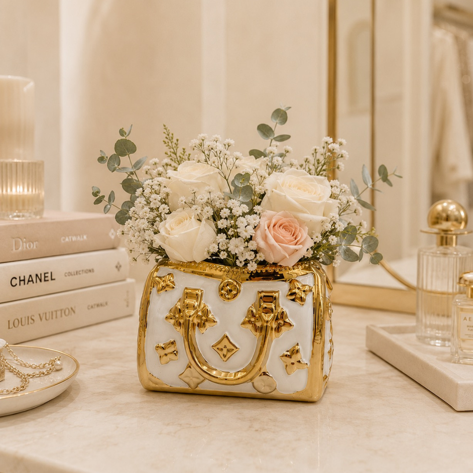 White & Gold Monogram Duffel Bag Vase 13cm – Ceramic Handbag Vase