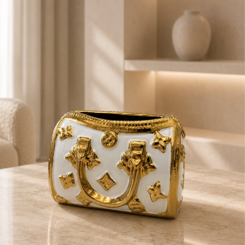 White & Gold Monogram Duffel Bag Vase 13cm – Ceramic Handbag Vase