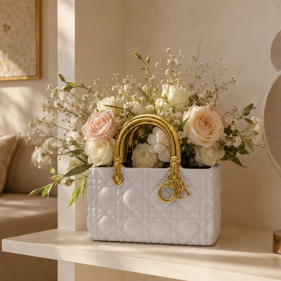 White & Gold Quilted Handbag Vase 17cm – Ceramic Handbag Vase
