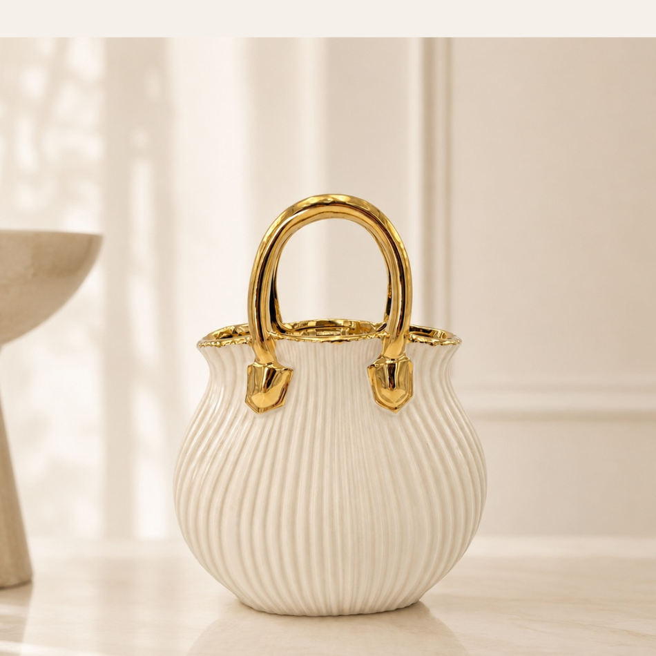 White & Gold Ribbed Handbag Vase 26cm  – Ceramic Handbag Vase
