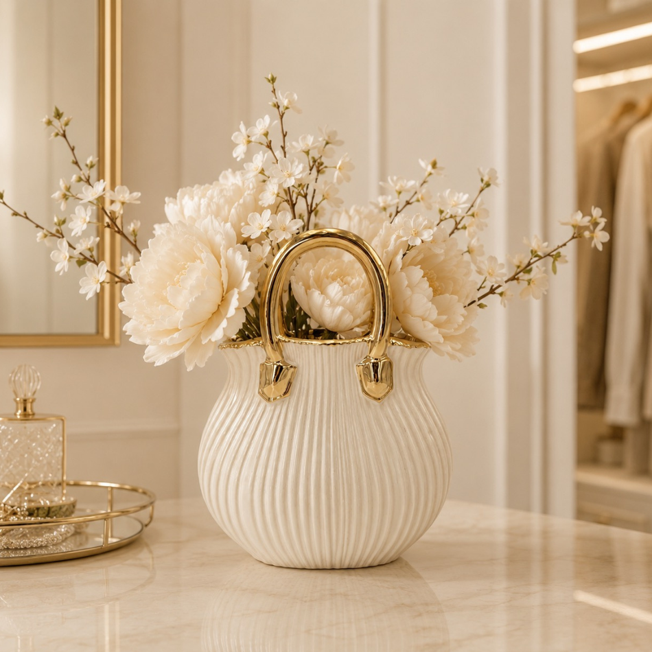 White & Gold Ribbed Handbag Vase 26cm  – Ceramic Handbag Vase