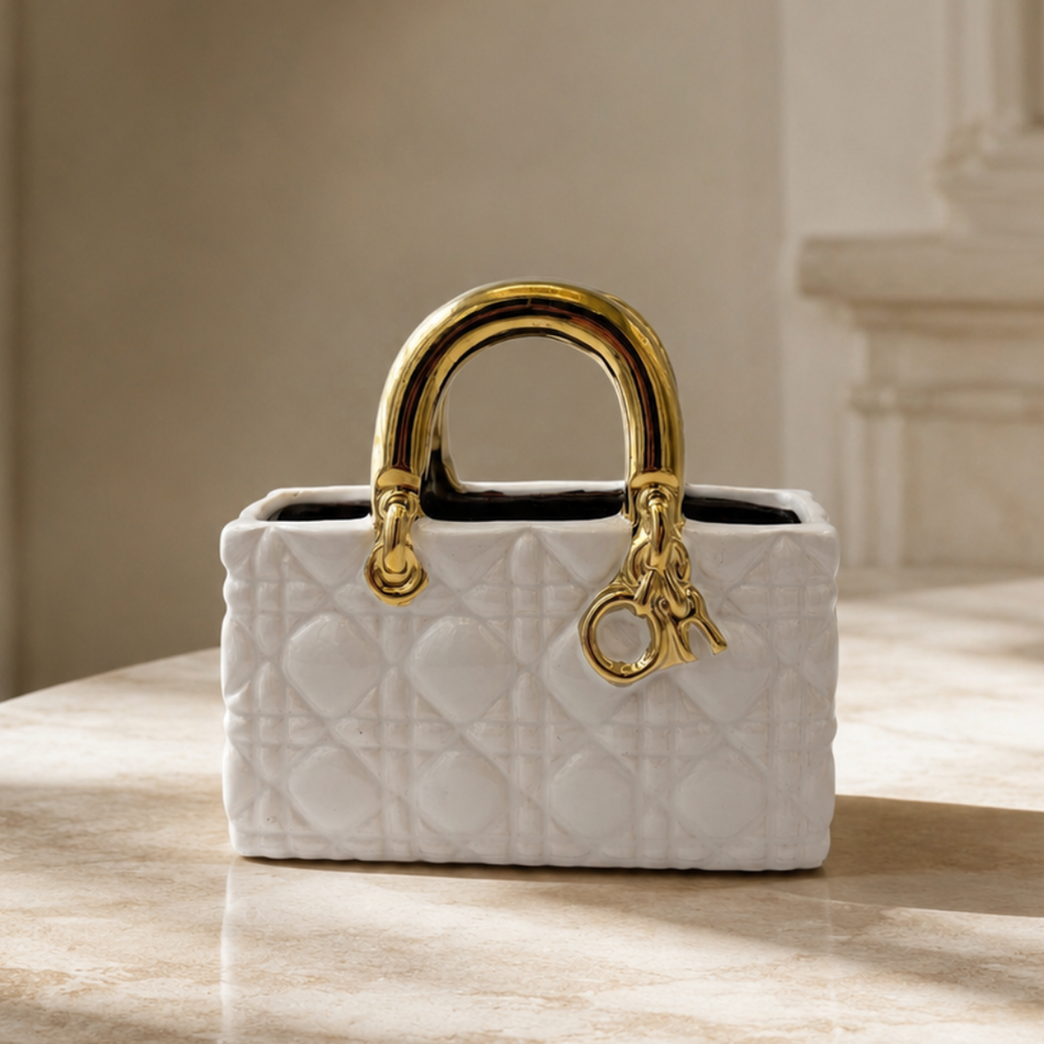 White & Gold Quilted Handbag Vase 22cm – Ceramic Handbag Vase