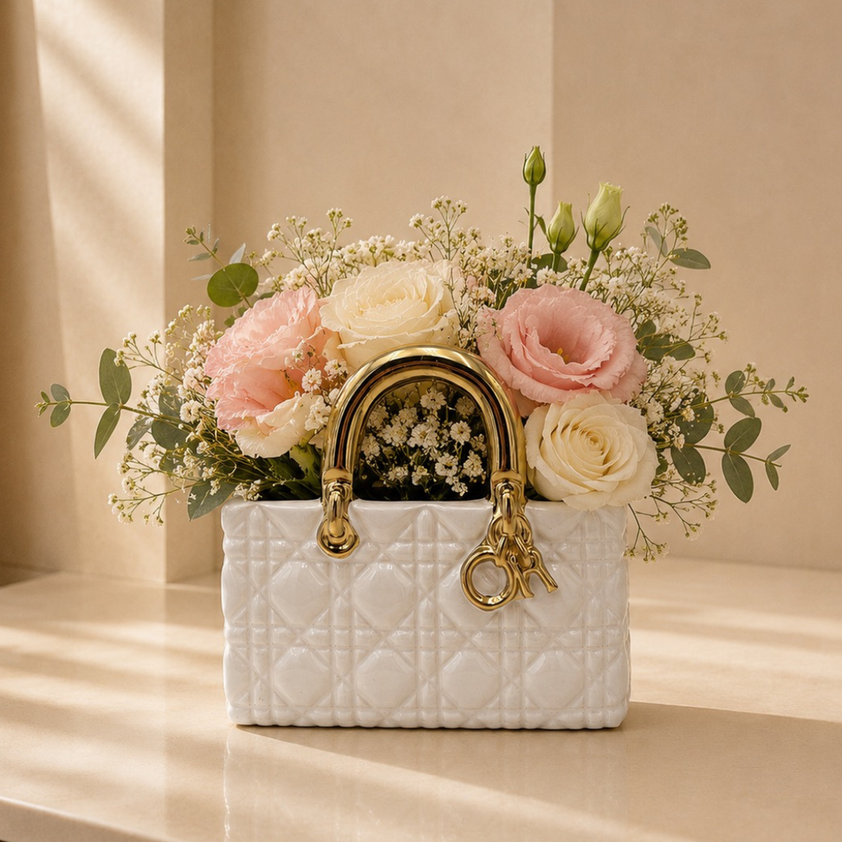 White & Gold Quilted Handbag Vase 22cm – Ceramic Handbag Vase