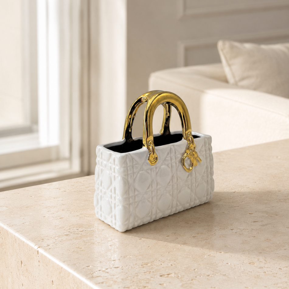 White & Gold Quilted Handbag Vase 17cm – Ceramic Handbag Vase