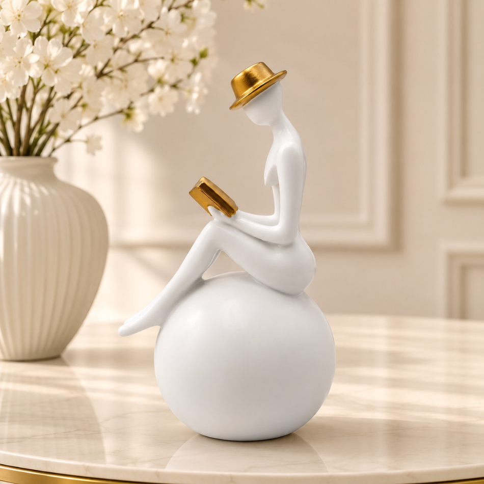 White & Gold Reading Lady Figurine on Ball 28cm – Resin Sculpture Ornament
