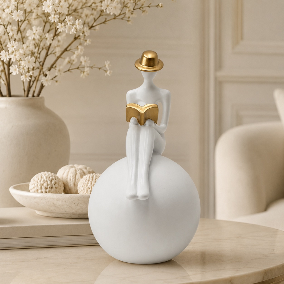 White & Gold Reading Lady Figurine on Ball 28cm – Resin Sculpture Ornament