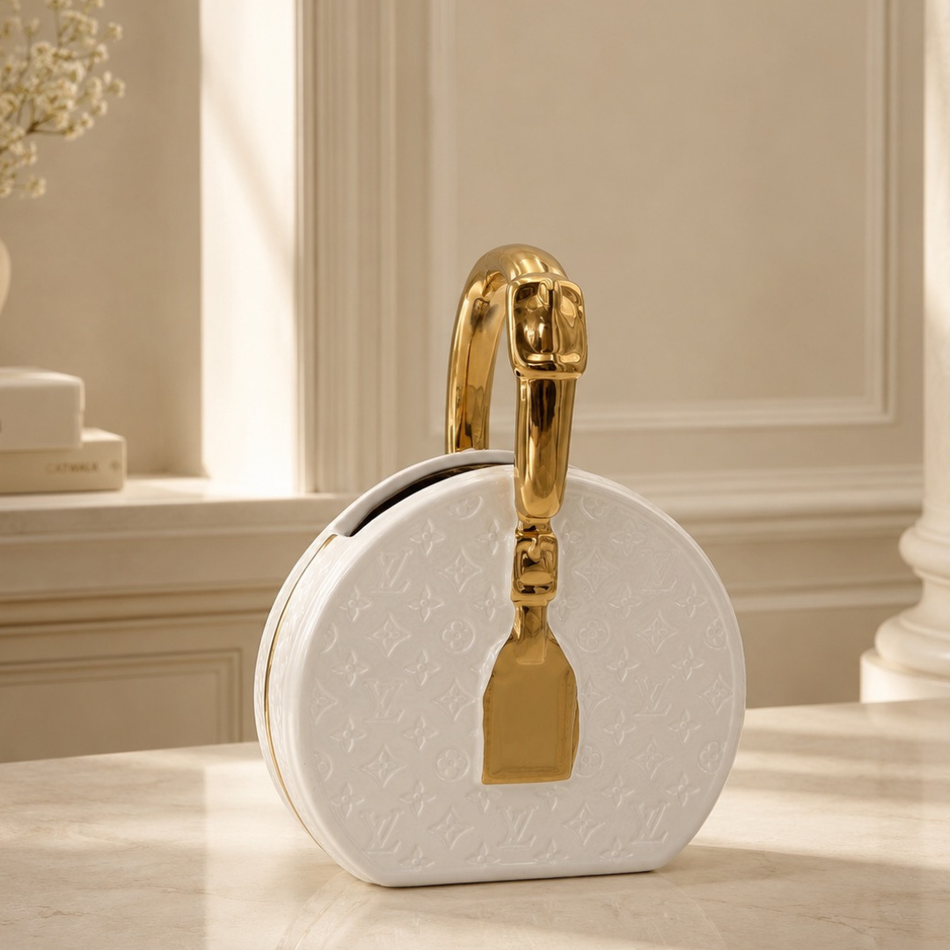 White & Gold Round Trunk Bag Vase 26cm – Ceramic Handbag Vase