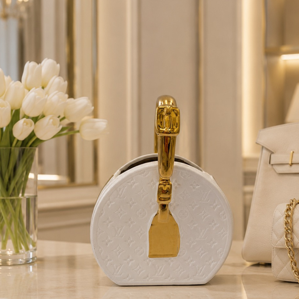White & Gold Round Trunk Bag Vase 26cm – Ceramic Handbag Vase