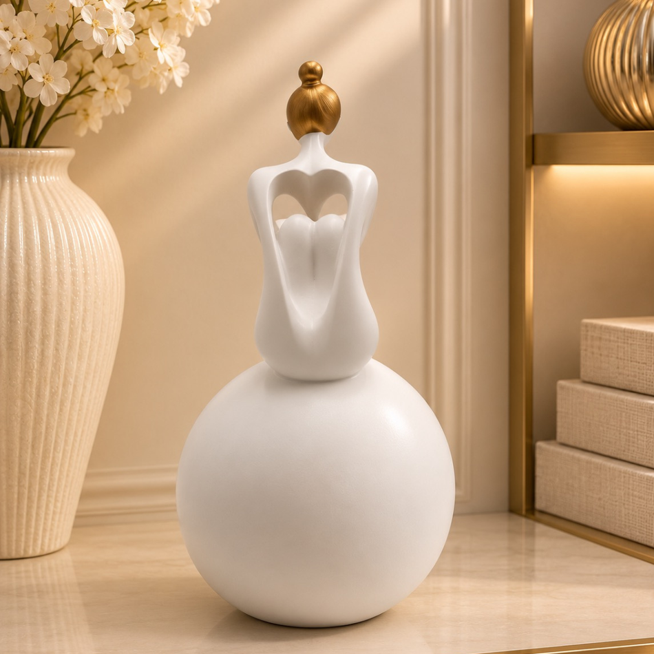White & Gold Seated Lady Figurine on Ball 28cm – Resin Sculpture Ornament